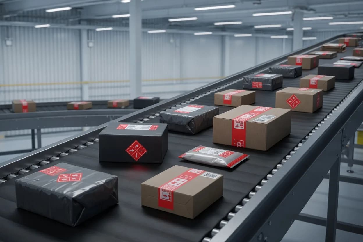 Courier and logistics packages on a warehouse conveyor