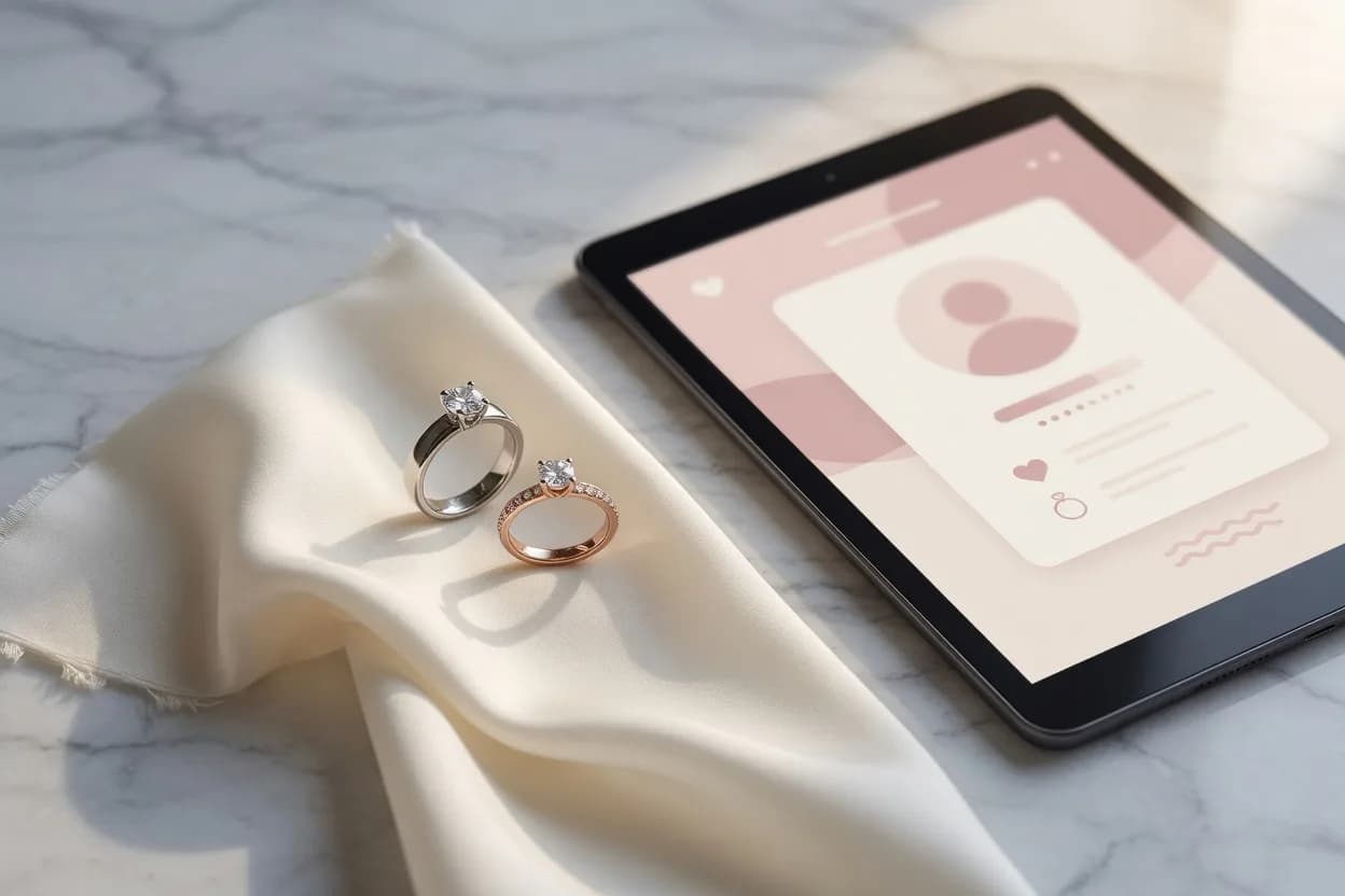 Matrimony platform concept with wedding rings and profile UI